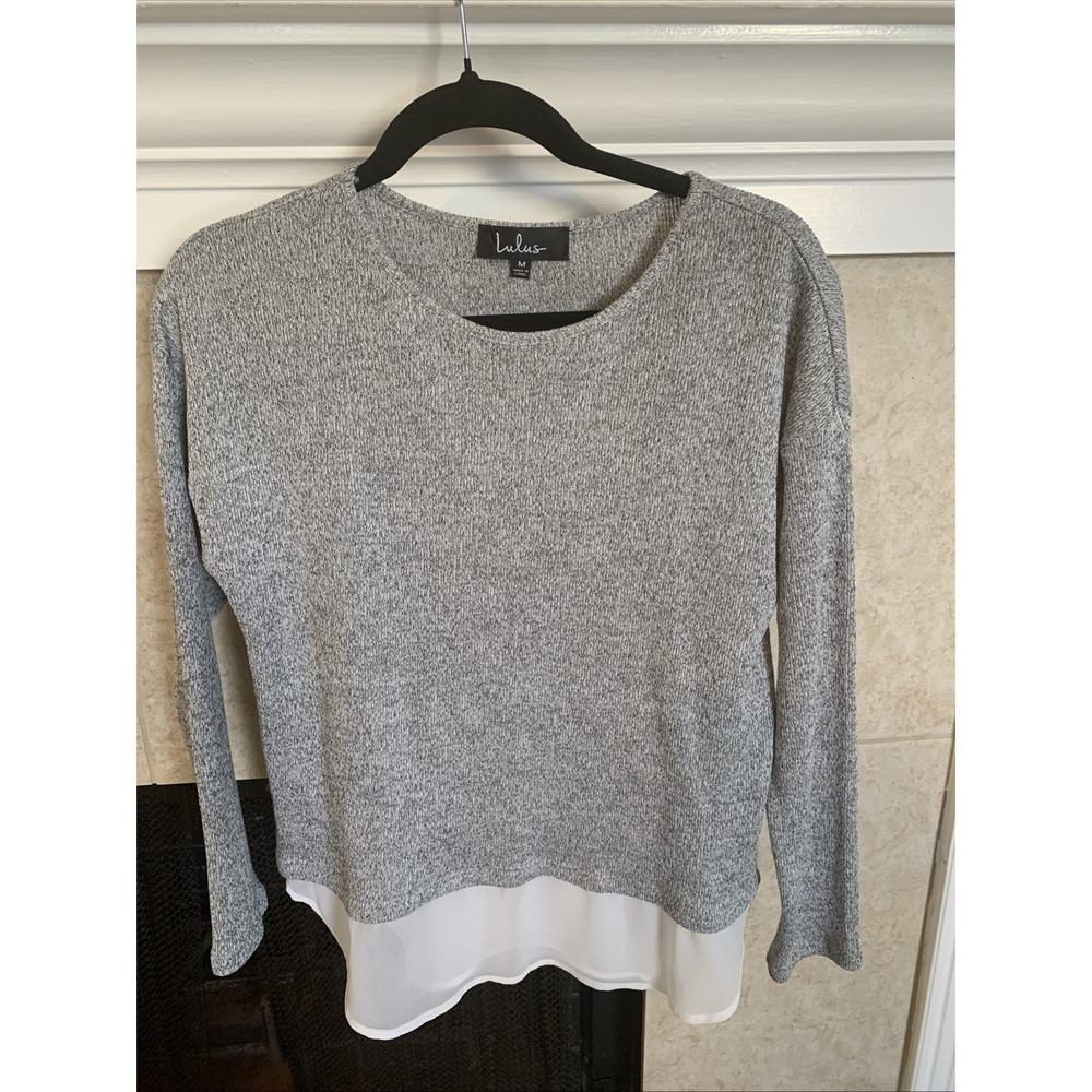 Lulus Women's Long Sleeve Blouse Gray And White  Size M